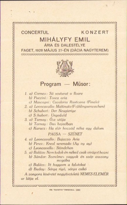 A870 Program concert la restaurantul Dacia din Făget, județul Timiș, 1928