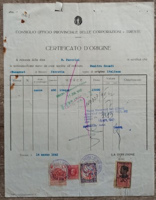 Certificat de origine a marfii, destinatia Bucuresti, Trieste, Italia 1942 foto