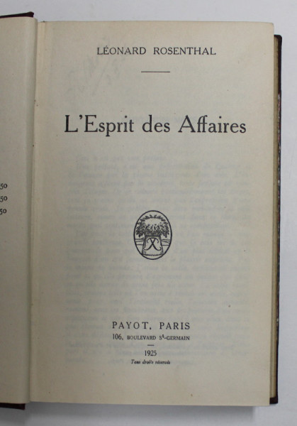 L &#039;ESPRIT DES AFFAIRES par LEONARD ROSENTHAL , 1925
