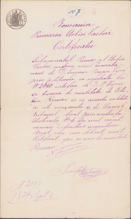 HST 246S Certificat cetățenie rom&acirc;nă 1879 semnat olograf primar Vaslui Lupașcu