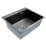 Chiuveta bucatarie B&Ouml;HM BH6050BA, inox alimentar SUS304, 600 x 500 x 220 mm, finisaj Negru, sifon inclus