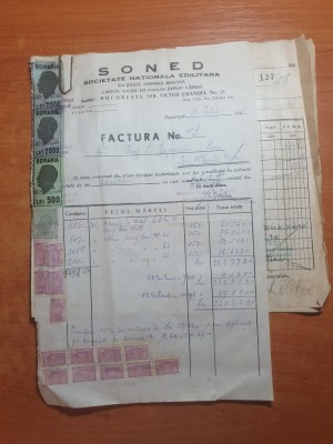 factura si bonuri de livrare iulie 1945- sunt flancate cu 62 timbre fiscale foto