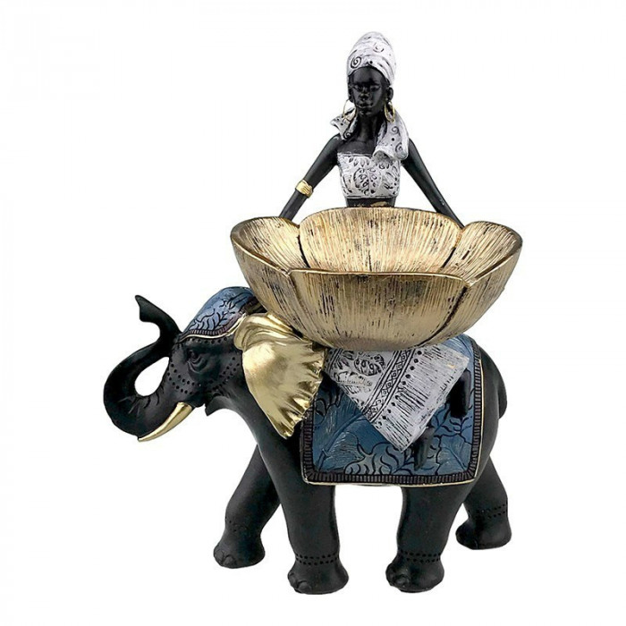 Statueta decorativa, Elefant din rasina cu negresa si cos, 30 cm, 1739H