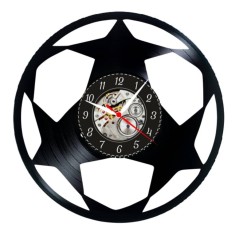 Ceas de perete din disc vinil, Tematică Fotbal / Champions League, Design Minge cu Stele, Negru, 30 cm