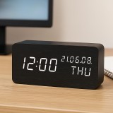 Ceas LED digital, de birou, afisaj temperatura/umiditate, alarma, alimentare duala, MDF, negru