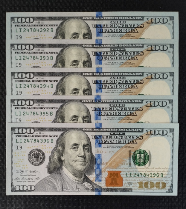 U.S.A -5x100 DOLLARS -CONSECUTIVE-2009-SERIA-A🛑UNC