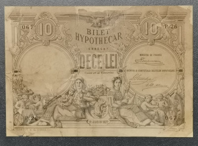 Rom&amp;acirc;nia Bilet Hypothecar 1877 10 Lei bancnotă recondiționat profesional RAR foto