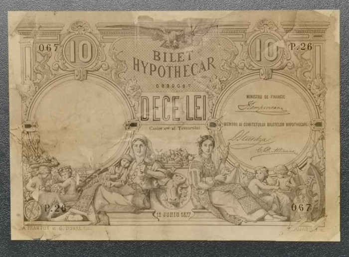 Rom&acirc;nia Bilet Hypothecar 1877 10 Lei bancnotă recondiționat profesional RAR