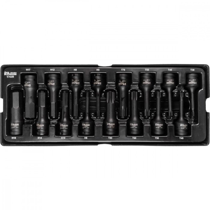Set capete tubulare de impact TORX si IMBUS, sertar TIP A (385x150 mm) pentru dulap mobil, T30-T80, H5-H19, 1/2&quot;, 16 buc, RICHMA
