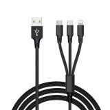 Cablu de date 3-in-1 pentru iPhone, Android si USB-C, Nylon, 1.2 m, Negru, Oem