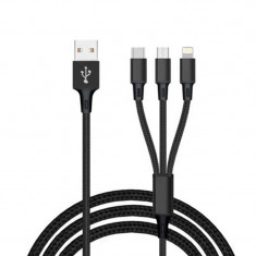 Cablu de date 3-in-1 pentru iPhone, Android si USB-C, Nylon, 1.2 m, Negru