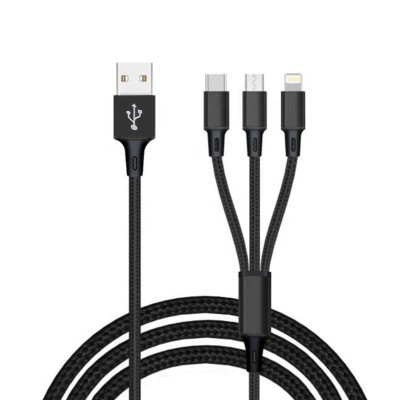 Cablu de date 3-in-1 pentru iPhone, Android si USB-C, Nylon, 1.2 m, Negru foto