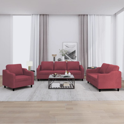 vidaXL Set canapea cu perne, 3 piese, roșu vin, material textil foto