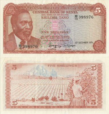 1974 (12 XII), 5 shillings (P-11a) - Kenya - stare XF+++/aUNC! foto