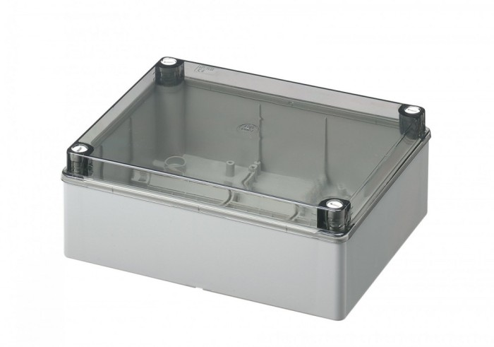 Doza aplicata transparenta 240x190x90mm IP56 pentru distributie jonctiune ABS rezistenta UV fara presetupe margini netede