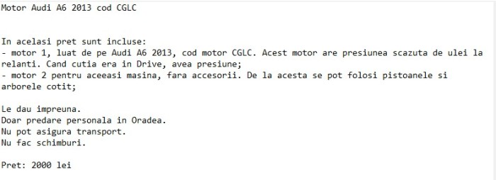Motor Audi A6 2013 cod CGLC