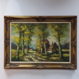 Ulei pe p&acirc;nză o lucrare semnata foarte veche &icirc;ncadrată &icirc;ntr-o ramă din lemn masiv in stilul Baroc, Peisaje, Realism