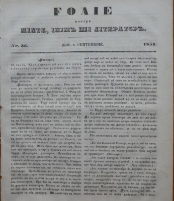 Foaia pentru minte , inima si literatura , nr. 36 , 1851 , Brasov , Muresanu foto