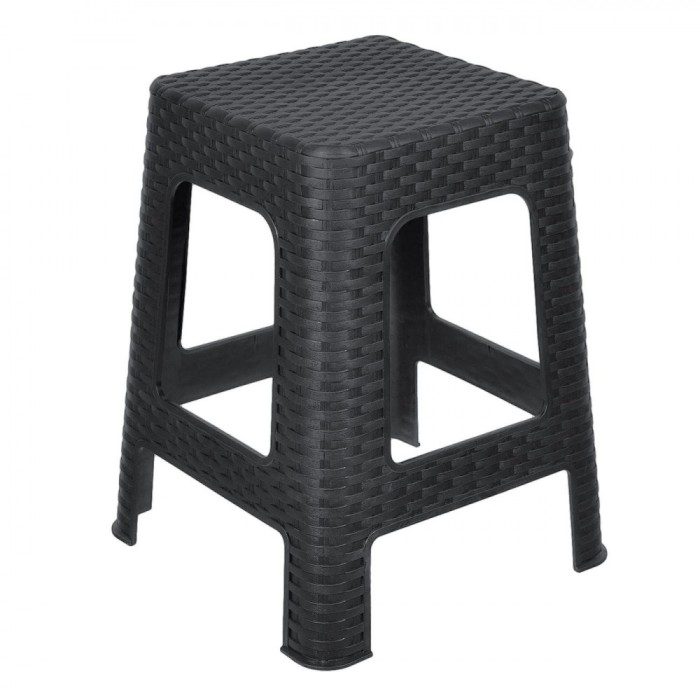 Taburet Plastic, Model Rattan, Picioare Unite, Culoare Negru, Dimensiuni 36.5x36.5x46cm