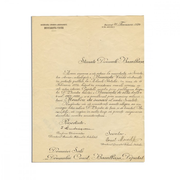 Ioan Andrieșescu, scrisoare pentru Constantin Bacalbașa, 1934