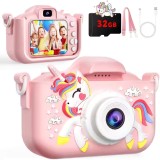 Camera Foto Digitala, Copii 3-8 Ani, cu Card SD 32GB, Jocuri, Selfie Efecte, husa moale cu unicorn - Cadou Ideal