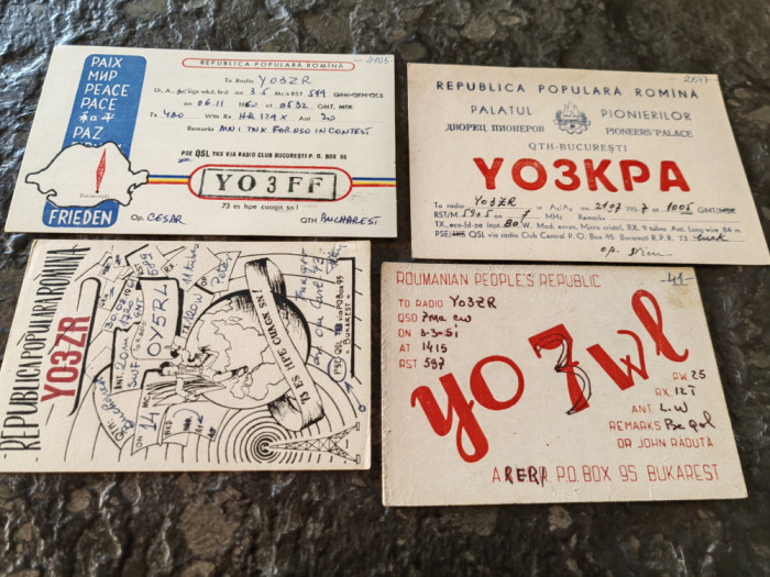 4 carti postale, Radioamatori, R.P.R.,personalizate, anii 1950-60, rare