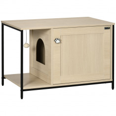 Mobilier pentru litiera pentru pisici de interior cu o minge agatata, usa magnetica, picioare reglabile 80x48x55cm Negru Stejar PawHut | Aosom RO