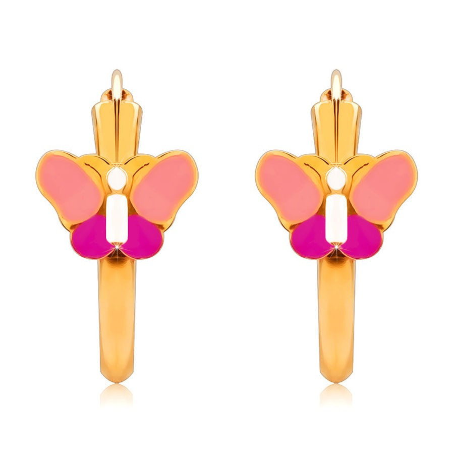 Cercei rotunzi din aur 14K, fluture roz, suprafață lucioasă, 15 mm | Okazii .ro