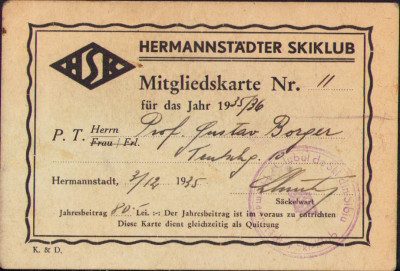 HST A1877 Carte membru Hermanst&amp;auml;dter Skiklub 1935/1936 Sibiu foto