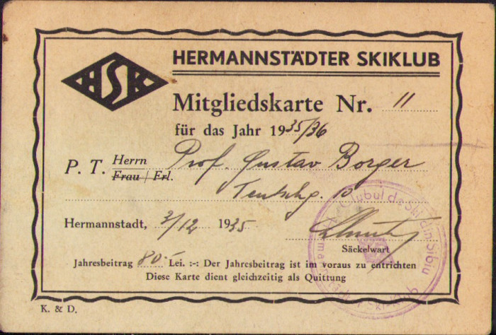 HST A1877 Carte membru Hermanst&auml;dter Skiklub 1935/1936 Sibiu