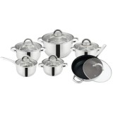 Set 12 piese FOXMAG24, cu 6 vase din inox, capace din sticla, fund triplu, argintiu