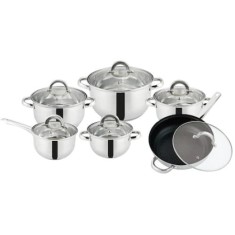 Set 12 piese FOXMAG24, cu 6 vase din inox, capace din sticla, fund triplu, argintiu