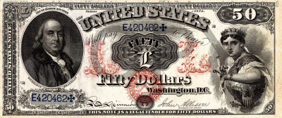 50 dolari 1874 Reproducere Bancnota USD , Dimensiune reala 1:1 foto