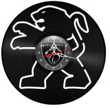 Ceas de perete decorativ realizat din disc de vinil, Model Leu Sigla Peugeot / Auto Francez, Negru, 30 cm