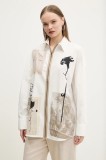 Desigual camasa din bumbac RECORTES LACROIX femei, culoarea alb, cu guler clasic, relaxed, 25SWCW23