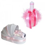 Trusou botez in landou si lumanare cu floricele, decor roz Denikos&reg; 105