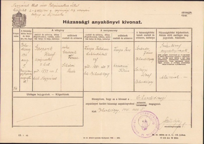 A1215 Extras registru căsătoriți, 1941, Diosig, județul Bihor