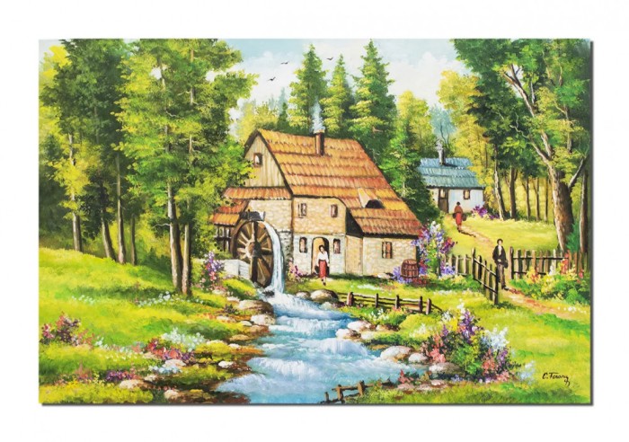 Tablouri living gigant pictat manual, La moara cu noroc, 120x80cm ulei pe panza, Constantin Feraru