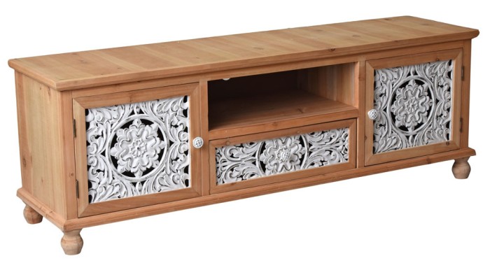 Comoda TV Boho Style din lemn masiv natur cu decoratiuni albe VIC602