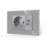 Cumpara ieftin Priza Schuko cu USB A+C Luxion, rama din sticla gri, standard italian 3M