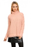 Cumpara ieftin Bluza dama tricotata roz deschis, guler inalt, maneca lunga, rupturi decorative, M/L, pulover poliester