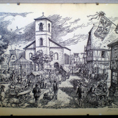 T.042 TABLOU GRAVURA PRINT MARKT IN ALT-KELSTERBACH SEMNAT ERICH DITTMANN