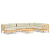 Set mobilier gradina cu perne crem, 9 piese, lemn masiv de pin