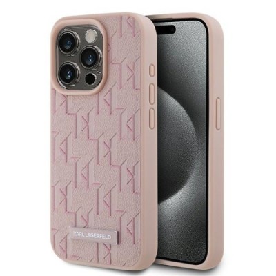 Husa iPhone 15 Pro Max - Karl Lagerfeld Leather MagSafe (KLHMP15XPKHPORPP) - Pink Monogram Metal Logo foto