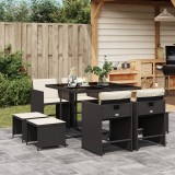 Set mobilier de gradina cu perne, 9 piese, negru, poliratan