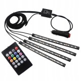 Cumpara ieftin Set 4 benzi LED RGB ambientale pentru interior auto, telecomanda IR, 8 culori, 12 LED-uri banda, alimentare 12V la priza auto