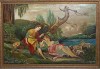 TABLOU PICTAT IN ULEI, PE PLACAJ, DOUA PERSOANE LA MARGINE DE LAC, SEMNAT MAN. CILEX-239899