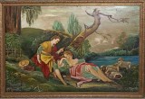 TABLOU PICTAT IN ULEI, PE PLACAJ, DOUA PERSOANE LA MARGINE DE LAC, SEMNAT MAN. CILEX-239899