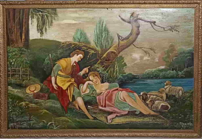 TABLOU PICTAT IN ULEI, PE PLACAJ, DOUA PERSOANE LA MARGINE DE LAC, SEMNAT MAN. CILEX-239899