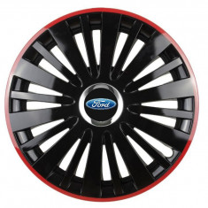 Set 4 capace roti Red/Black cu inel cromat pentru gama auto Ford, R15